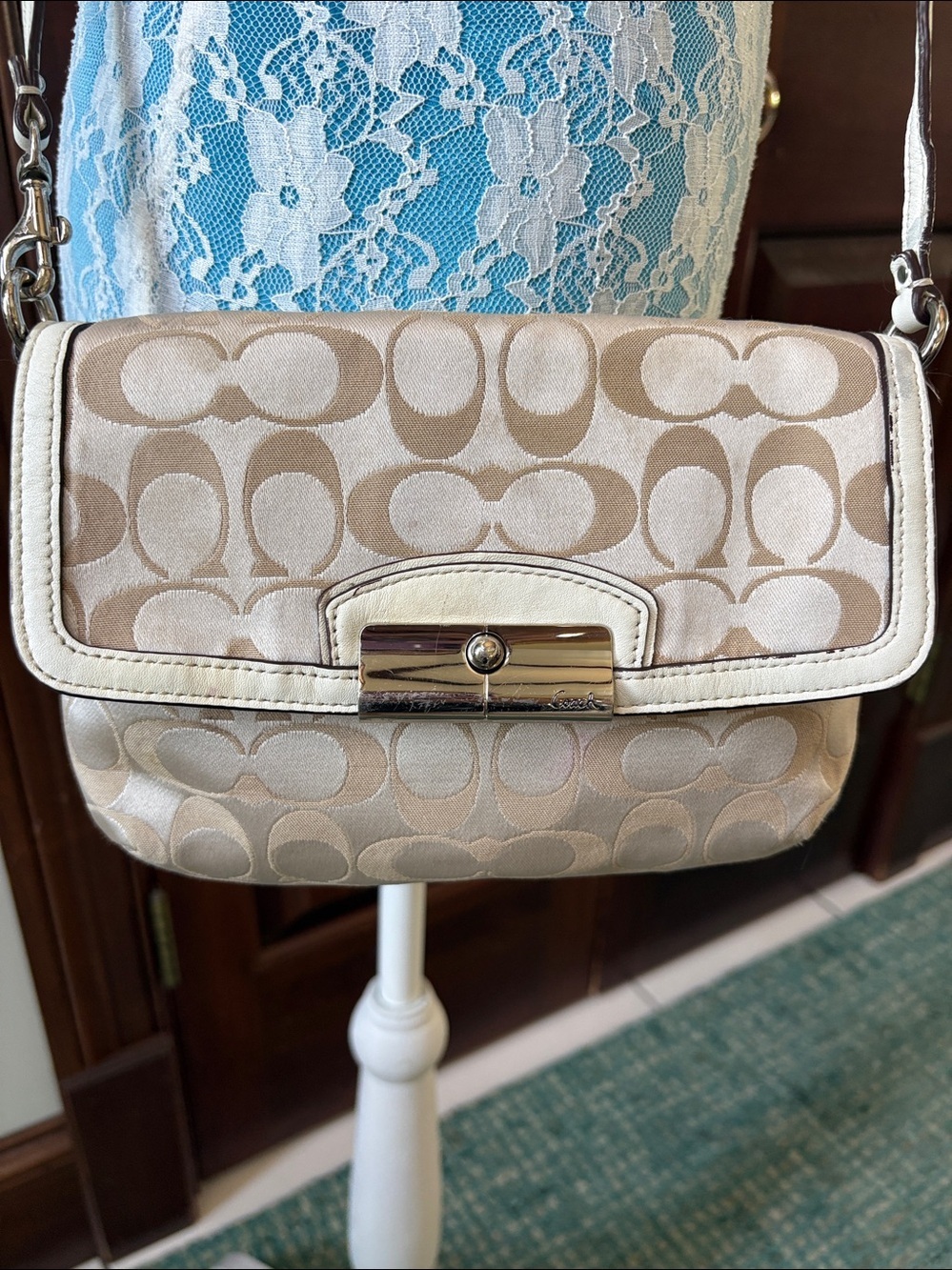 Coach  Kristen Mini Crossbody/shoulder  bag  monogram canvas tan /cream leather
